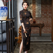 中式传统旗袍裙长款七分袖，2024年春秋季香云纱复古唐装民族风