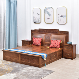 红木家具鸡翅木高低床实木，双人床中式仿古床榻明清古典红木床