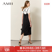 amii2024夏v领交叉肩带，后开叉缎面，法式连衣裙子女露背小黑裙