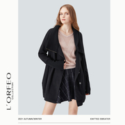 L'ORFEO/奥菲欧通勤文艺超黑色毛织领O型长袖修身中长款大衣外套