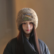 毛绒帽子女秋冬季大头围百搭加绒加厚保暖防寒护耳针织毛线帽