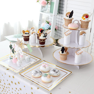 婚礼甜品台烫金纸盘三层展示架生日布置摆台装饰一次性盘子蛋糕架