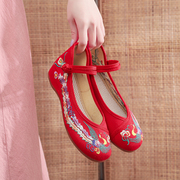 老北京布鞋绣花鞋女款汉服鞋，牛筋底内增高单鞋坡跟红色广场舞女鞋