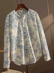 2024年春季棉衬衫青花瓷印花新中式国风上衣长袖开衫好质量