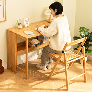 折叠书桌电脑桌子办公桌学生，家用小型台式实木，卧室工作台床边写字
