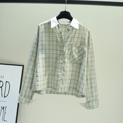 浅绿色单口袋(单口袋，)格子短款长袖棉布衬衫女秋季韩版小清新上衣外套