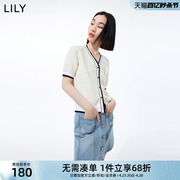 LILY夏女装别致洋气撞色V领短袖吊带裙的外搭针织开衫女