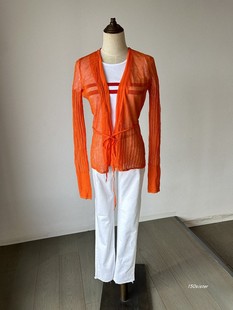 150“王v微“设计款苎麻系带，橘红色防晒镂空拼接针织开衫女