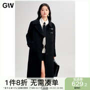 GW大码女装设计感显瘦绵羊毛黑色呢大衣2024春冬微胖mm外套女