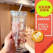 水杯双层玻璃杯带吸管带盖耐热隔热办公室茶杯女日式大容量咖啡杯