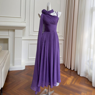 高端轻奢女装紫色斜肩立体花朵连衣裙仙女长裙礼服婚纱