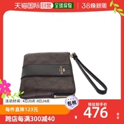 香港直邮COACH蔻驰 拼色深棕配黑色短款零钱包包拼接帆布手拿包