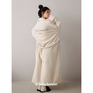 贝妍睡衣冬季女款加厚双层复合珊瑚绒睡袍宽松大码纯色高级感晨袍