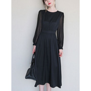 黑色连衣裙女高级感2024年春秋气质，遮肚显瘦法式长袖雪纺长裙