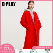 DPLAY  装欧美亮橘红色宽松毛呢外套大衣中长款