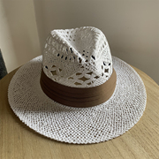 夏季白色礼帽镂空巴拿马草帽，遮阳大沿防晒沙滩，帽子女夏天爵士帽潮