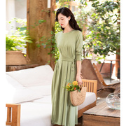 纻衣绿色连衣裙女长袖弹力，针织收腰显瘦秋季2023女装气质长裙