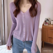 v领薄款紫色开衫针织衫，2024春季宽松慵懒风外搭女长袖上衣潮