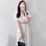 韩国chic夏季复古交叉POLO领设计收腰显瘦短袖长款连衣裙配腰带女