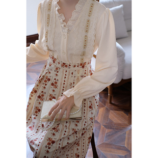 mqueen古典玫瑰法式蕾丝花边，复古提花衬衫，印花半身裙两件套9371