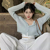 韩系chic奶蓝色镂空针织开衫，薄款女春夏吊带外搭披肩短款防晒罩衫