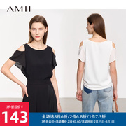 amii2023夏一字(夏一字)领露肩，荷叶袖雪纺衫女优雅小众设计感法式上衣