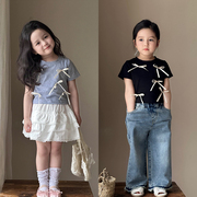 女童立体蝴蝶结短袖T恤夏装韩系时髦儿童打底衫女宝夏季上衣