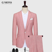 浅粉红格子西服套装男修身宴会，休闲轻薄西装新郎结婚礼服夏季薄款