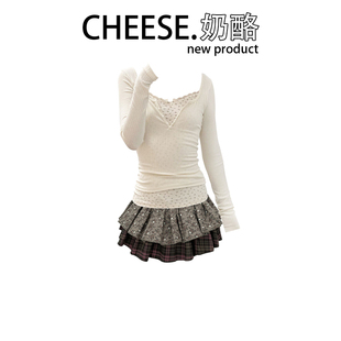 cheese奶酪纯欲风美式假两件碎花长袖，上衣女秋冬复古半身裙套装