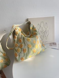 夏季黄绿郁金香单肩包包小方包拉链(包拉链，)布袋子(布，袋子)小清新文艺花朵包