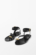 Massimo Dutti女鞋 夏季黑色真皮平底鞋罗马鞋夹趾一字凉鞋