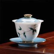 傲羊手绘三才盖碗茶杯釉下彩茶具青花瓷泡茶碗陶瓷白瓷功夫茶碗单
