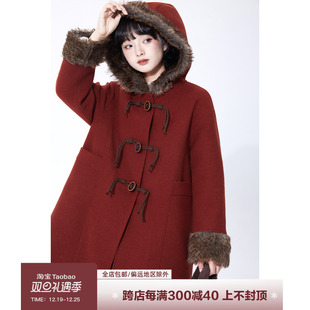 小葱良裁红色牛角扣毛呢大衣女冬季中长款加厚夹棉毛绒连帽呢外套