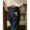 你好卡农 深蓝色高腰直筒牛仔裤2023女设计感小个子宽松长裤