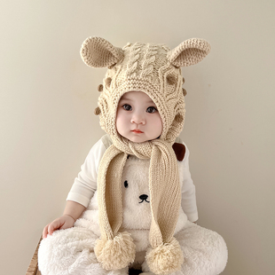冬季宝宝帽子围脖一体帽可爱儿童护耳帽加厚保暖男女童套头毛线帽