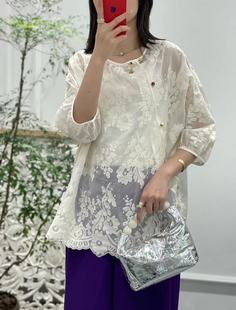 24年夏季新中式斜口提花圆领衬衣女设计感国风蕾丝衬衫