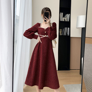 FT GUOGE红色小香风连衣裙女2023年秋季法式方领显瘦订婚长裙