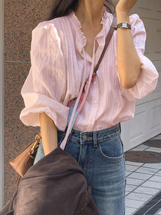 韩系花边领衬衫女春夏泡泡袖甜美衬衣轻法式肌理感微透感长袖上衣