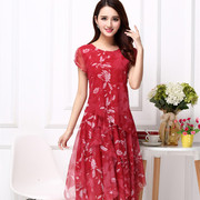 多田伊秀连衣裙红色常规显瘦夏季中年妈妈网纱大码弹力气质裙子