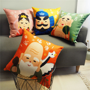 中式卡通可爱创意福星高照棉麻沙发抱枕办公室护腰枕汽车靠垫套