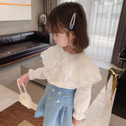 女宝宝长袖衬衫婴儿棉布娃娃衫，0-8岁女童白色，大荷叶领衬衫2022春