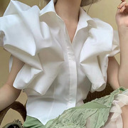 雪纺衬衫泡泡袖短袖女2023春夏季韩版宽松短款设计感小众衬衣上衣