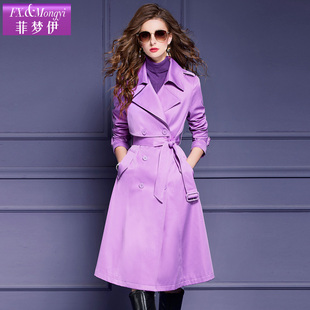 直播菲梦伊紫色风衣外套女中长款秋季双排扣西装领大衣
