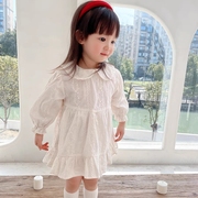 AnnieGirl秋季白色蕾丝刺绣小翻领气质甜美纯色韩版连衣裙