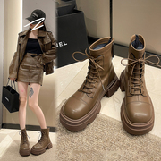 马丁靴女2024春秋单靴短靴英伦风厚底增高软皮靴黑色靴子