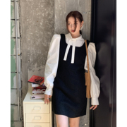 韩国法式气质复古泡泡袖立领，衬衫+收腰显瘦毛呢背心连衣裙套装