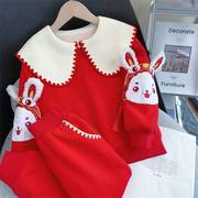 女童加绒套过装冬装2023洋气儿，童年衣服红色，加厚卫衣两件套装