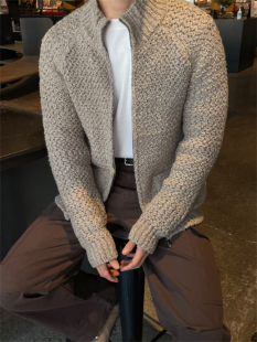 MRDONG韩国男装高档羊毛颗粒绒感波浪纹插肩立领针织开衫外套