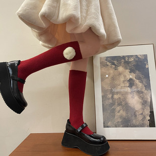 新年秋冬年圣诞红獭兔大毛球鹿绒保暖中筒少女堆堆袜红色羊毛袜长