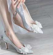 法式名媛水晶鞋2022银色婚鞋水钻蝴蝶结尖头高跟鞋女细跟单鞋